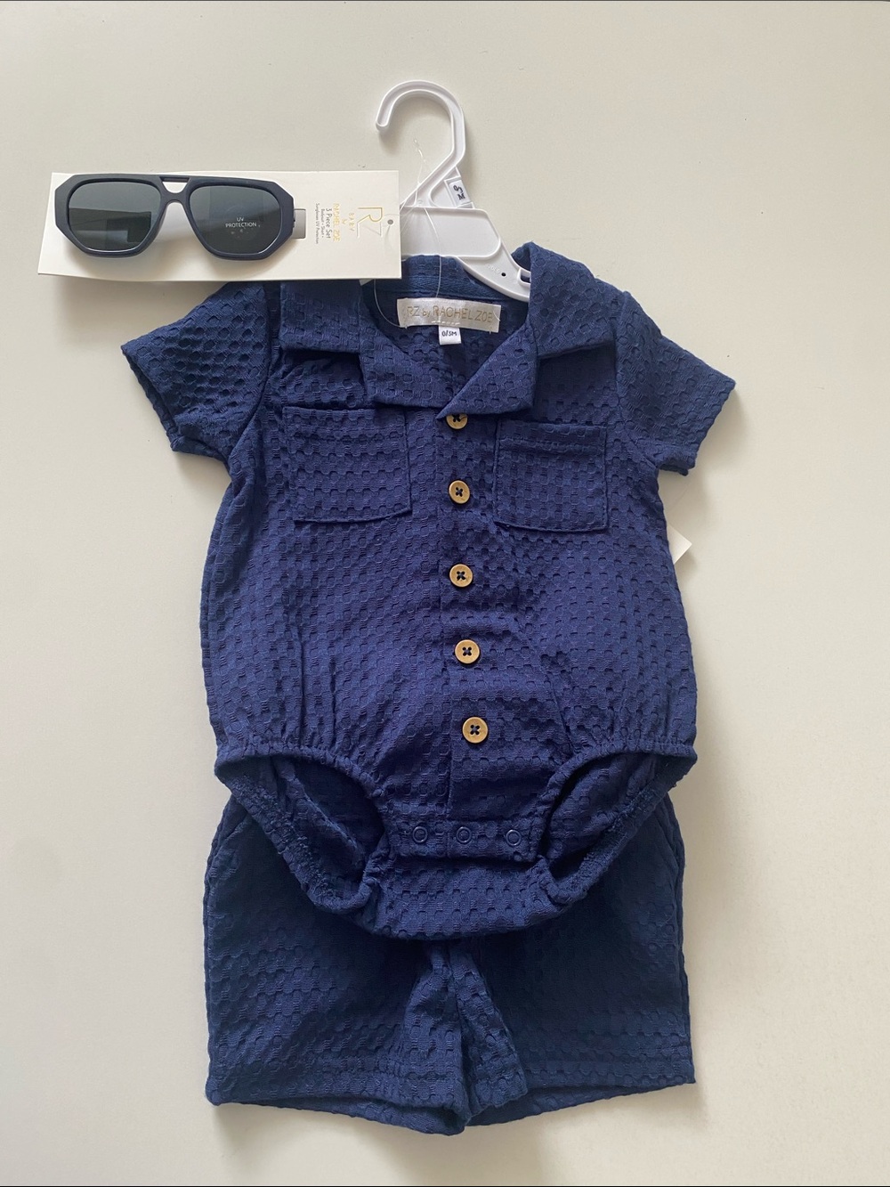 Rachel Zoe Navy Textured Baby Romper & Shorts Set with Sunglasses